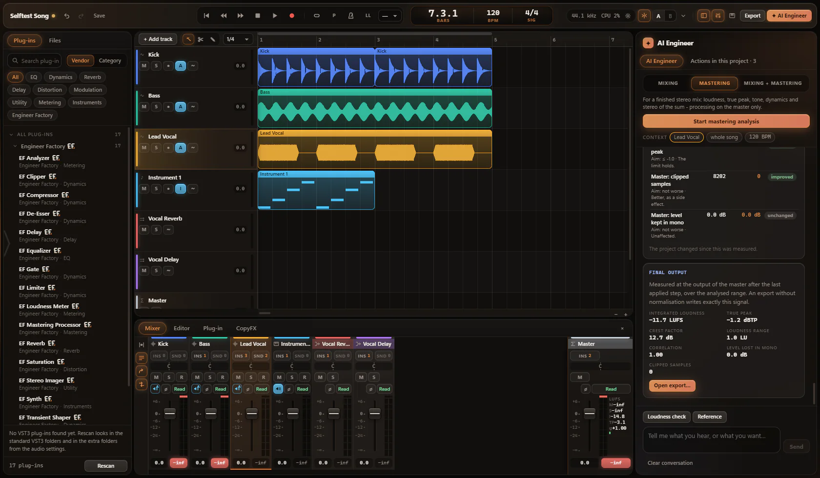 The AI Engineer measures the master output after the last applied step: loudness, true peak, crest factor and correlation