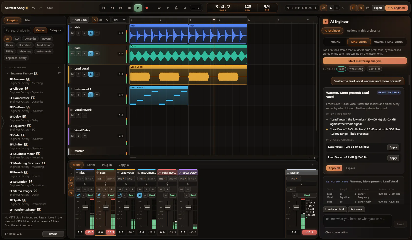 Engineer Factory: the arrangement with tracks, the mixer and the AI Engineer panel with proposals for the lead vocal