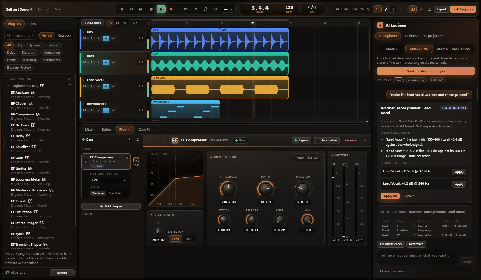 The plug-in chain of the bass track: an EF Compressor keyed by the kick, with the B, N and signal fader controls, next to the AI Engineer